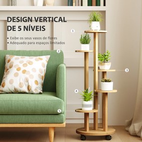 Suporte para Plantas em Bambu com Rodas de 5 Níveis Estante Redonda para Plantas para Cantos 33x33x90 cm Madeira