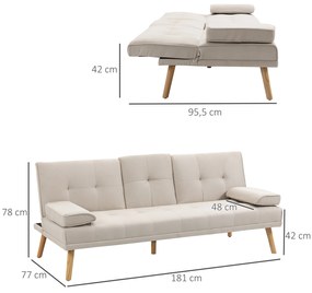 Sofá Cama 3 Lugares com Encosto Ajustável Apoio para os Braços Desmontável e 2 Suportes para Copos 181x77x78 cm Bege