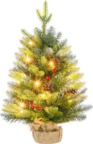 HOMCOM Árvore de Natal de Mesa 60 cm com 20 Luzes LED 141 Ramos 5 Pinhas 5 Bagas Vermelhas e Suporte de Metal para Interior Verde | Aosom Portugal