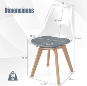 Conjunto de 4 cadeiras de jantar (MESA NÃO INCLUIDA) modernas sem braços com encosto Pernas em madeira de faia Almofada macia cinzenta e cadeiras tran