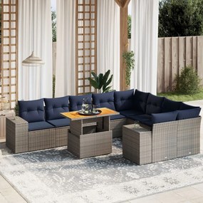 vidaXL 10 pcs conjunto sofás p/ jardim c/ almofadões vime PE cinzento