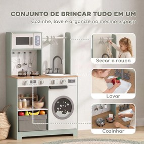 Cozinha de Brincar em Madeira com Lavandaria, Dispensador de Gelo, Gaveta em Tecido, Cabides e Acessórios em Aço Inoxidável, Verde