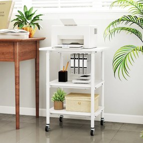 Suporte para impressora 49 x 40 x 65-77 cm de 3 níveis com 2 alturas ajustáveis com Prateleiras de armazenamento Rodas universais bloqueáveis Branco