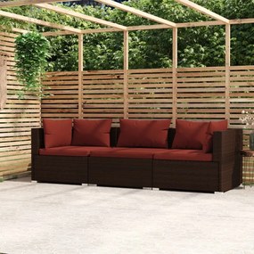 vidaXL Sofá de jardim 3 lugares com almofadões vime PE castanho