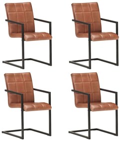 vidaXL Cadeiras de jantar cantilever 4 pcs couro genuíno castanho