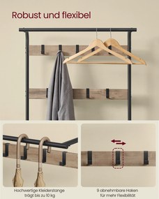 Bengaleiro hall entrada com 9 ganchos amovíveis 33,7 x 72 x 183 cm castanho camelo-preto