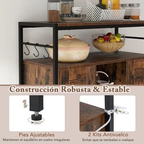 Aparador Armário 84 x 35 x 80 cm com 2 Portas Compartimentos Abertos Estantes Ajustáveis para Cozinha Sala de Jantar Castanho Rústico + Preto