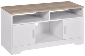 HOMCOM Móvel de TV para Sala de Estar com Espaço de Arrumação Prateleiras Abertas Orifício Passa Cabos 105x40x52 cm Branco e Madeira