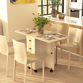 Mesa de Jantar Dobrável com Rodas (CADEIRAS NÃO INCLUIDAS) Mesa Abatível com 2 Gavetas e Armário Mesa Auxiliar Multifuncional 120x60x76,5 cm Madeira