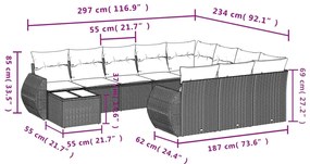 11 pcs conjunto sofás de jardim c/ almofadões vime PE preto