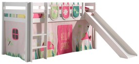 Conjunto Cama alta de Criança PINO 90 x 200 cm + estrado + escada + escorrega + cortina + 3 bolsas Primavera branca