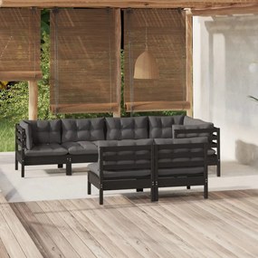 vidaXL 7 pcs conjunto lounge jardim c/ almofadões pinho maciço preto