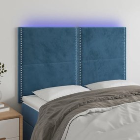 Cabeceira cama c/ luzes LED veludo 144x5x118/128cm azul-escuro