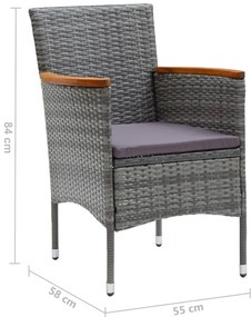 3 pcs conjunto de bistrô vime PE e madeira de acácia cinzento