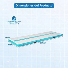 Colchão de ginástica insuflável com bomba elétrica 297 x 98 x 11 cm, saco de transporte e remendo de reparação portátil para fitness e ioga Turquesa