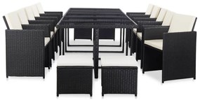 15 pcs conjunto jantar exterior com almofadões vime PE preto