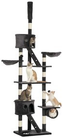 PawHut Árvore arranhador para Gatos com Altura Ajustável Plataformas Múltiplas Caverna Cestas e Escadas em Sisal Natural e Pelúcia 60x45x240-260 cm Cinza Escuro