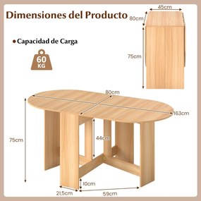 Mesa de jantar extensível em madeira 80x163x75 cm com 2 abas e bordas arredondadas  dobrável para cozinha, varanda ou jardim Natural