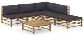 6 pcs conj. lounge jardim em bambu c/ almofadões cinza-escuro