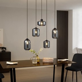 Candeeiro suspenso moderno preto com vidro fumado 5-luzes - Sheena