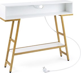 Mesa consola com luz LED e base de carregamento 100 x 20 x 86,5 cm, 3 níveis, com compartimento e prateleira, para corredor, entrada ou sala de estar,