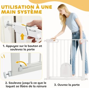 Barreira de segurança para animais com porta de fecho automático e sistema de duplo bloqueio, em aço branco