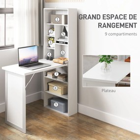 Secretária dobrável para computador com estante, posto de trabalho, quadro branco e prateleira ajustável, 98x51x153 cm, branca
