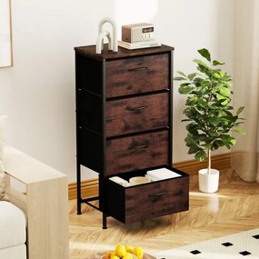 Cómoda com 4 gavetas em tecido com tampa de madeira 45 x 30 x 95 cm Puxadores fáceis de abrir e estrutura metálica Castanho Rústico + Preto