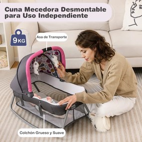 Berço dobrável e portátil Parque infantil com berço de balanço e trocador Barra de brinquedos Caixa de música e bolsa de transporte