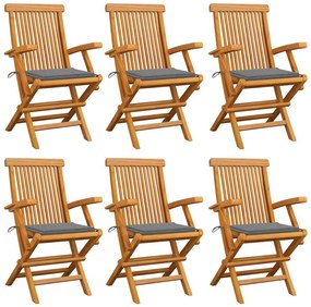 Cadeiras de jardim c/ almofadões cinzentos 6 pcs teca maciça