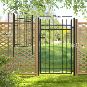 Portão de Jardim 89x147,5 cm Porta para Vedação de Barra de Aço Galvanizado com Puxador Fechadura e 3 Chaves Preto