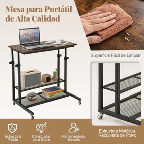 Secretária 80 x 50 x 64,5-89 cm ajustável em altura com tampo inclinável portátil com rodas Castanha