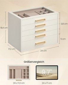 Caixa para joias em MDF 24 x 17,2 x 18,4 cm com tampa de vidro e cinco compartimentos, Branco creme