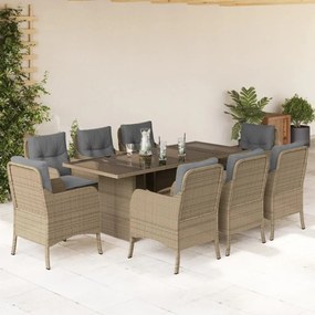 9 pcs conjunto de jantar p/ jardim com almofadões vime PE bege