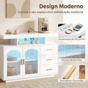 Aparador com LED RGB de 7 Cores, Tomadas, Portas USB, 3 Gavetas, Prateleiras Abertas, 2 Portas, Branco Brilhante, 100x35x80 cm