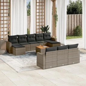 11 pcs conjunto sofás de jardim c/ almofadões vime PE cinzento