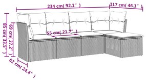 5 pcs conjunto sofás de jardim c/ almofadões vime PE cinzento