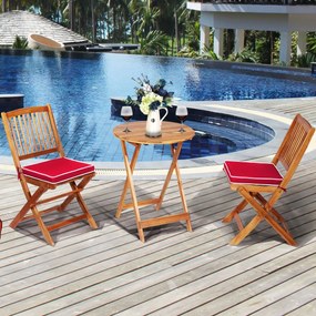 Conjunto 5 Peças Móveis Bistro de Madeira 2 Cadeiras com Almofada Mesa de Madeira de Acácia Mesa de Exterior Dobrável para Terraço Jardim Piscina Verm
