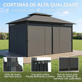 Pérgola de Jardim 3x4 m com Teto Duplo 6 Paredes Laterais Estrutura Metálica Drenagem Pérgola para Exterior  Cinzento