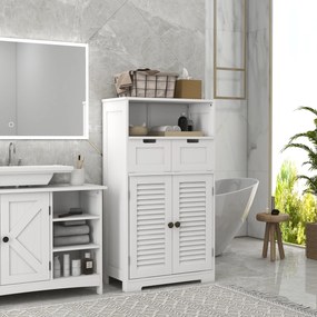Móvel de casa de banho com 2 portas  61 x 30,5 x 109,5 cm, prateleira ajustável e 2 gavetas, compartimentos abertos, branco