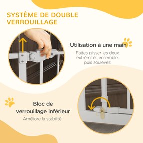 Barreira de segurança para animais com 104 cm de altura e Largura ajustável: 74 a 80 cm, com porta de fecho automático e sistema de dupla travagem, se