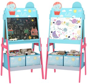 AIYAPLAY Cavalete para Crianças 2 em 1 Arsósia Infantil com Dupla Face 2 Caixas de Arrumação com Estampa em Animais 49x53,5x113 cm Azul | Aosom Portugal