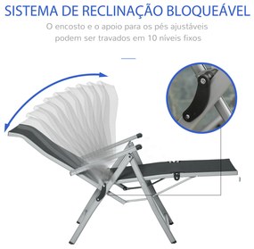 Espreguiçadeira dobrável para jardim Cadeira ajustável de 10 posições com encosto alto e apoio para pés Carga máx. 150 kg 78x58x110 cm Preto