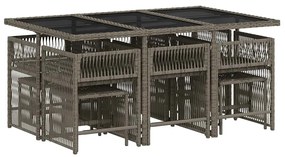 11 pcs conjunto jantar p/ jardim c/ almofadões vime PE cinzento