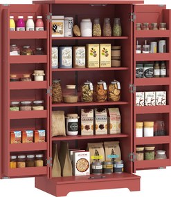 Armário de cozinha com 5 níveis, com portas e prateleiras ajustáveis, 60 L x 40 P x 120 A cm, com acabamento em madeira vermelha