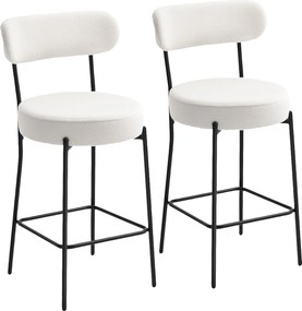 Conjunto de 2 bancos de bar em tecido felpudo, bancos de bar com encosto curvo e apoio para os pés, 49 x 52 x 95 cm, creme