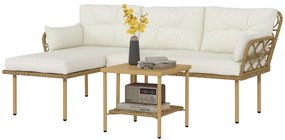 Conjunto de Jardim de 3 Peças em Vime Sintético com 1 Sofá de 2 Lugares 1 Sofá de Canto e 1 Mesa de Centro Natural e Creme