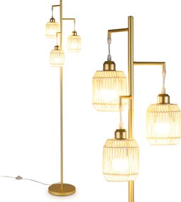 Candeeiro de pé vintage com 3 luzes 25x25x173 cm, abajur de papel tecido, interruptor de pedal, estrutura metálica, para sala, quarto ou escritório, D