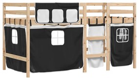 Cama alta criança c/ cortina 90x190cm pinho maciço branco/preto
