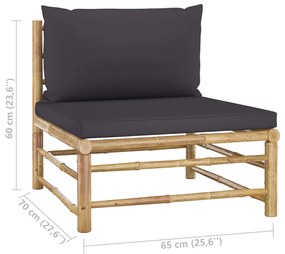 Sofá de centro p/ jardim com almofadões cinzento-escuro bambu